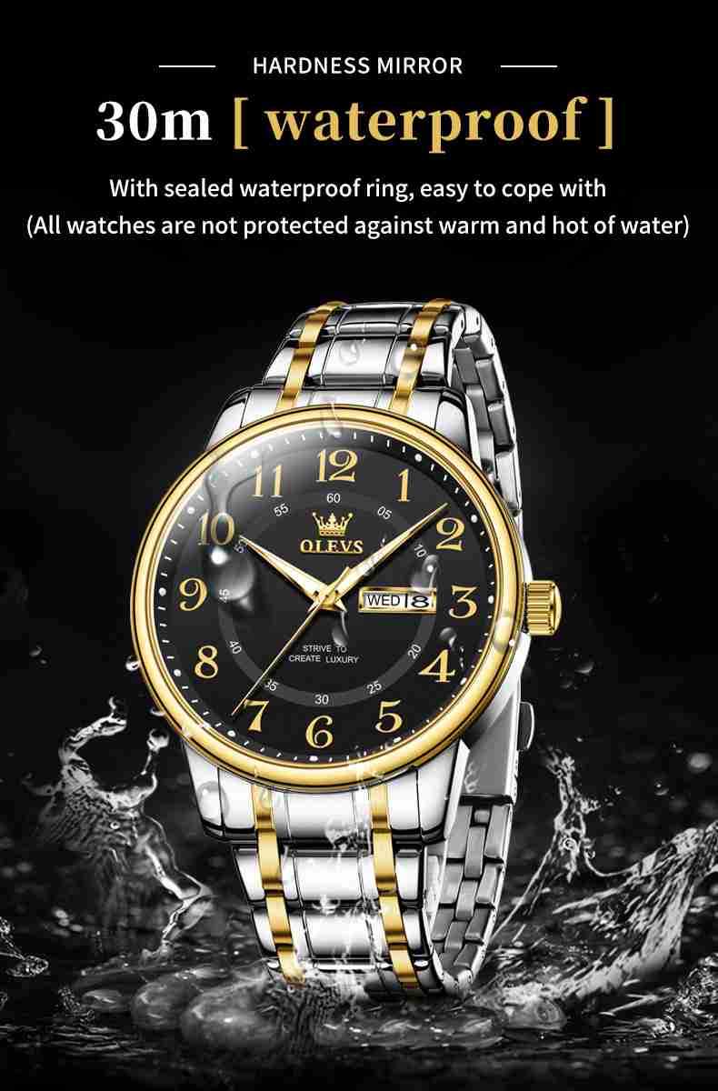 OLEVS 2891 Watch For Men Luxury Dress Analog Quartz Stainless Steel Waterproof Luminous Date Diamond Business Two Tone Casual Wrist Watch