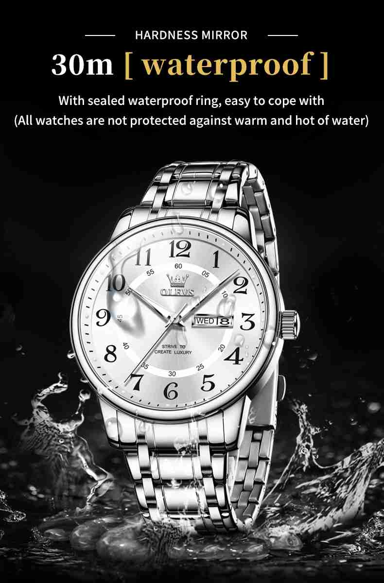 OLEVS 2891 Watch For Men Luxury Dress Analog Quartz Stainless Steel Waterproof Luminous Date Diamond Business Two Tone Casual Wrist Watch