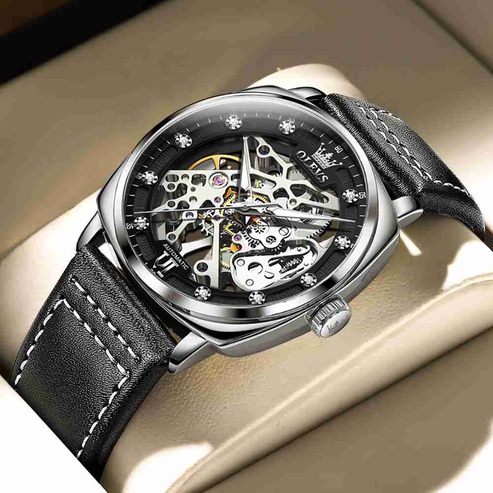 OLEVS 6651 Automatic Skeleton Men's Watches - Self-Winding Mechanics, Luxury Leather Strap, Steampunk Style, Luminous, Waterproof Wristwatches